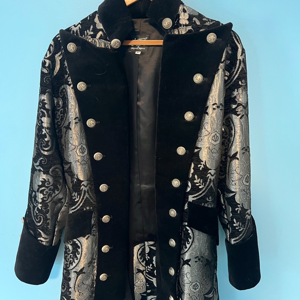 Black & Silver Brocade Military-Style Coat with Velvet Trim